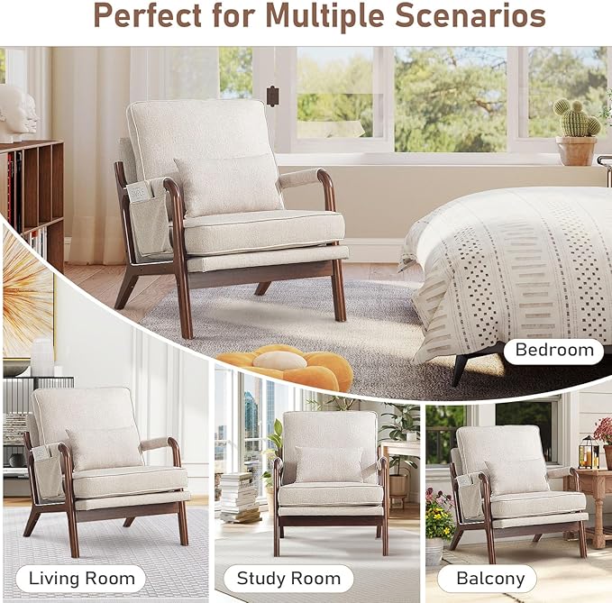 ANJ Mid Century Modern Accent Chair Set of 2, Lounge Reading Armchair with Extra Side Pocket & Detachable Cushion, Comfy Fabric Accent Chairs for Living Room, Bedroom,Beige