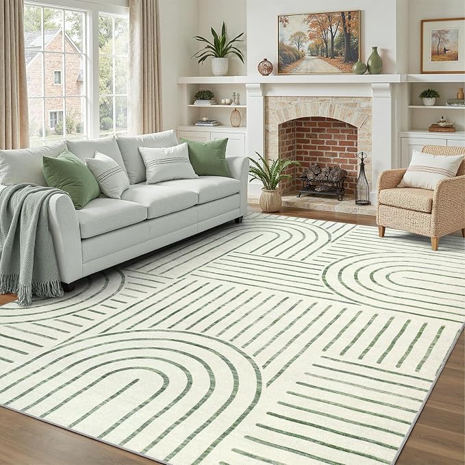 DCX Abstract Machine Washable 6x9 Rug, Sage Green Modern Accent Rug for Living Room, Soft Low Pile Non Slip Carpet, Kid & Pet Friendly Stain Resistant Rug for Bedroom Dining Room Office