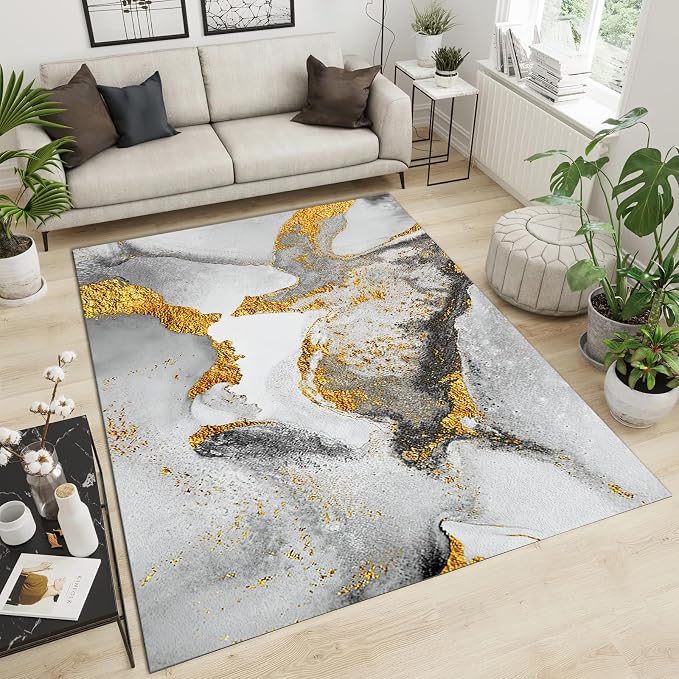 Light Luxury Gray Gold Marble Area Rug, Modern Marble Non Slip Accent Rug, Machine Washable Durable Carpet for Indoor Bedroom Living Room Office Decor Rug - 4 ft x 6 ft