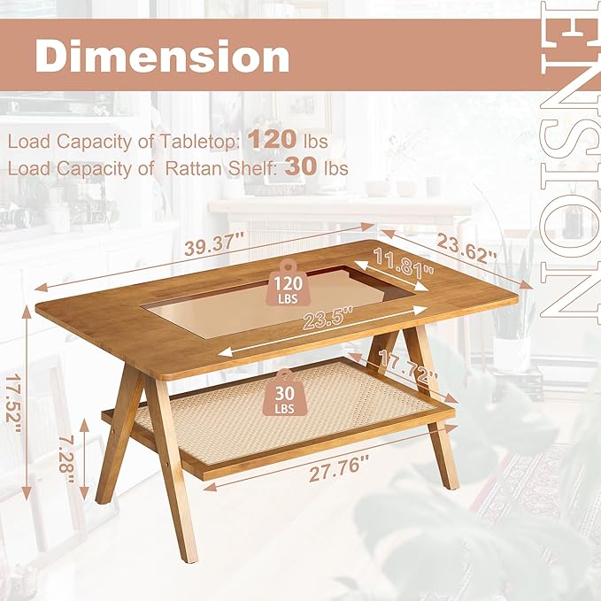 Mid Century Modern Coffee Table with Glass Top and Rattan Storage Shelf, Rectangular Natural Wooden Coffee Table, Unique Center Tables for Living Room Apartment Home, 39.4 Inch