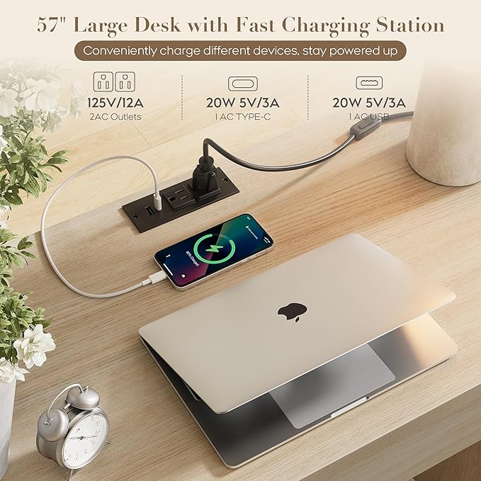 Yechen Executive Desk with 5 Drawers, 57" Modern Rattan Home Office Desk with Charging Station, File Drawer, Farmhouse Boho Computer Writing Desk for Study, Work, Light Beige