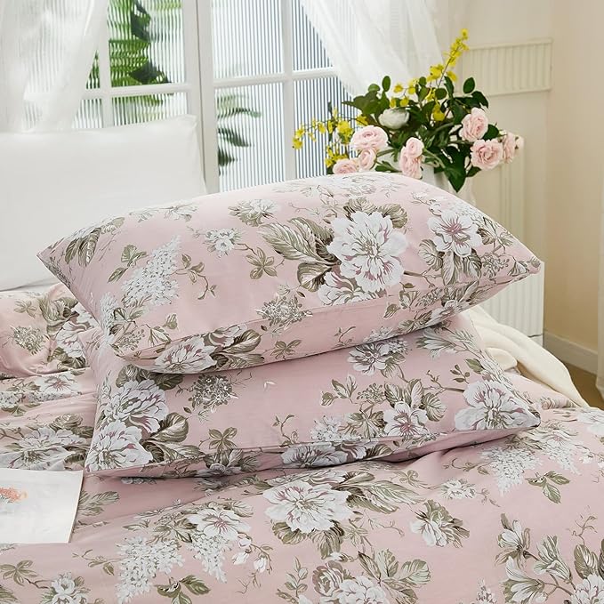 Floral Duvet Cover Queen Size Soft 100% Nature Cotton Vintage Style Pink Bedding Set with Zipper Closure 3 Pcs Cottagecore Botanical Duvet Cover, Ultra Soft, Breathable