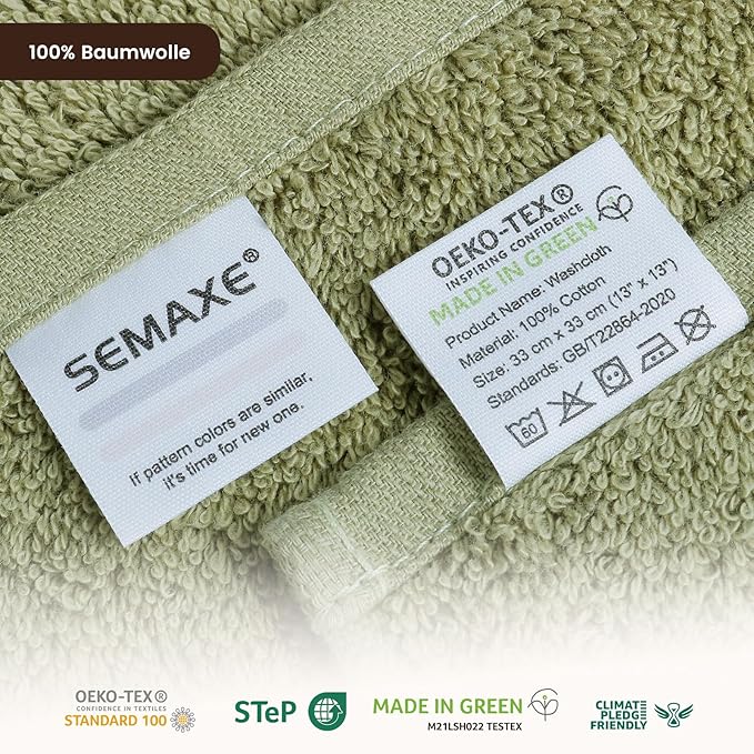 SEMAXE 100% Cotton Washcloths 12-Pack, 13 × 13 Inch Soft Luxury Face Towels – Super Absorbent & Quick-Dry, Premium Cloth with Hanging Loop, Oeko-TEX Certified, Gift-Ready Box