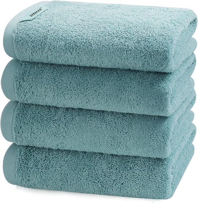SEMAXE Bathroom Hand Towel, 100% Cotton Towels with Hanging Loops, Hotel Spa Quality Highly Absorbent Towel Set of 4, 27" L x 16" W, Blue Hand Towel, Gift Box Packaging