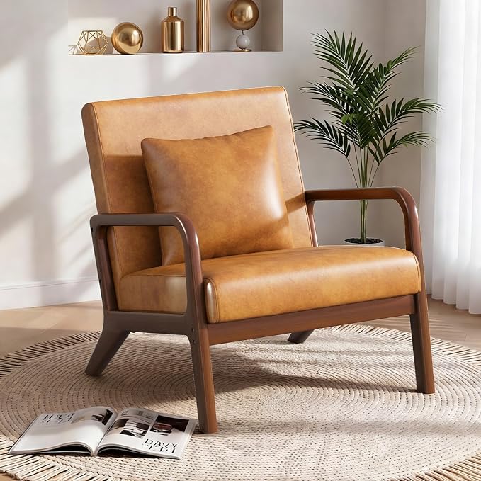 Mid Century Accent Chair, Upholstered Lumbar Pillow Lounge Chair Brown Faux Leather Cozy Leisure Chair Solid Oak Frame Relaxing Retro Living Room Chair for Bedroom Reading Nook