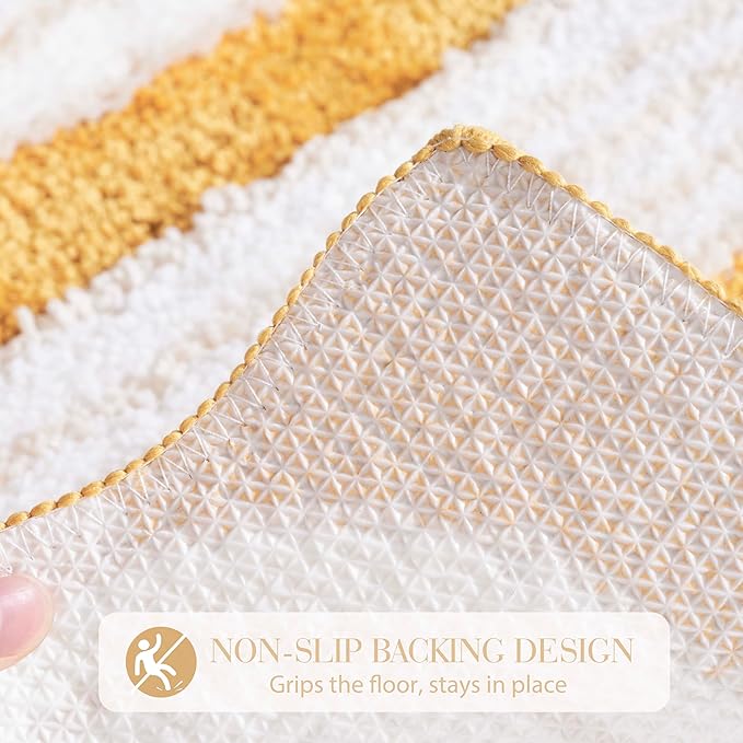 Geometric Design Boho Runner Bathroom Rugs, Long Scalloped Cute Bath Mat Non Slip for Bedroom Kitchen Hallway Laundry Room, Funky Retro Farmhouse Bath Rug Washable, Mustard Yellow, 51"x20"