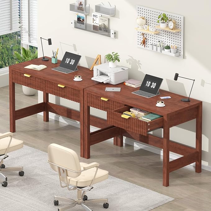 YOMILUVE Fluted Computer Desk with 2 Drawers, 39 Inch Small Computer Desk with Storage, Compact Writing Study Desk for Small Spaces, Red Walnut
