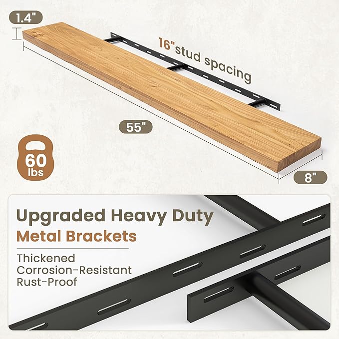 Fun Memories Solid Elm Wood Floating Shelves Set of 1-55 Inch Rustic Wall Shelves with Heavy-Duty Invisible Brackets - for Living Room, Kitchen, Bedroom, Bathroom - Natural Finish