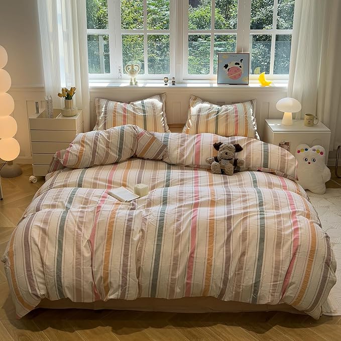 mixinni Vintage Striped Duvet Cover Set Twin Size, 3-Piece 100% Washed Cotton Bedding Set - Soft & Breathable Colorful Comforter Cover with Zipper, All-Season Lightweight Bed Set for Cozy Home