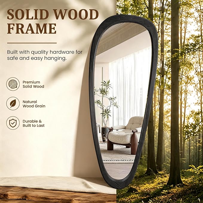 Irregular Wall Mirror, 60"x22" Full Length Mirror with Wood Frame, Large Asymmetrical Wall Mirrors for Living Room Entryway, Bathroom, Mid Century Modern Decor (Black)