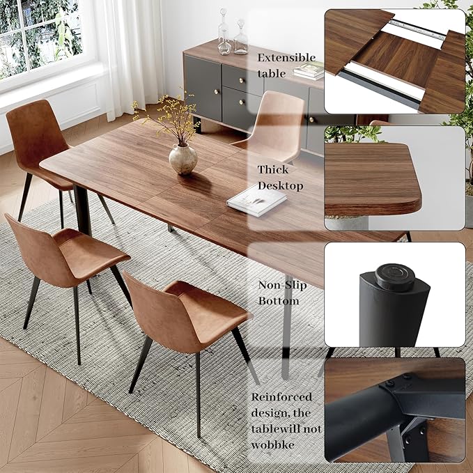 63"- 78.7" Extendable Dining Table Set for 8, Modern Kitchen Table with Dining Chairs for 6-8 Person, Thickened Expandable MDF Wooden Table with Metal Leg for Dining Room, Kitchen, Living Room
