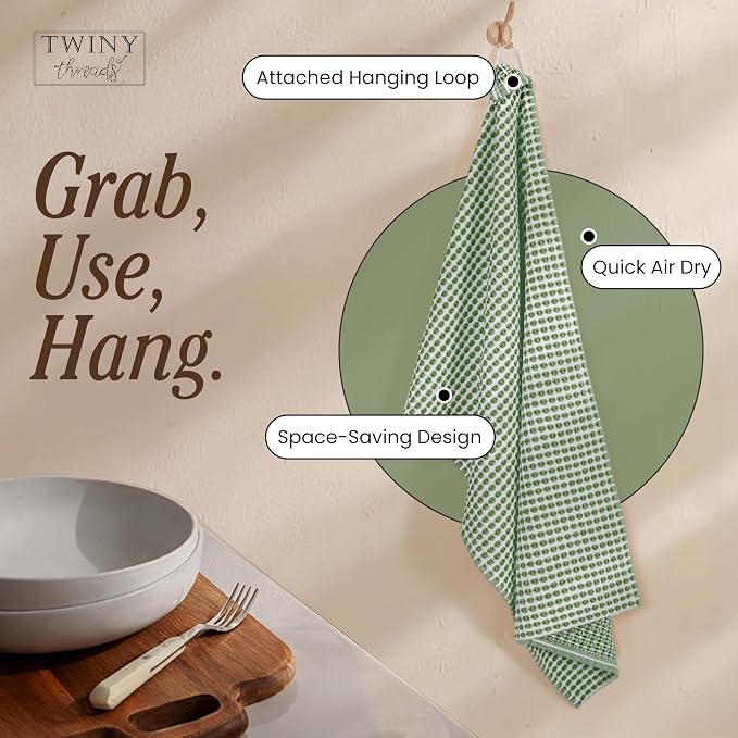TWINY threads Circle Waffle Kitchen Towels 4 Pack, 16x26 Inches, 100% Cotton, Quick Drying, Absorbent, Soft, Reusable Wash Rags, Perfect for Drying Hands, Cooking, Baking, Daily Use, Mint Green