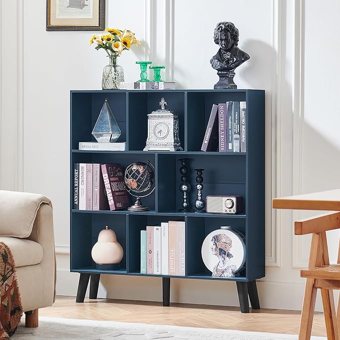 LEYAOYAO 8 Cube Bookshelf,3 Tier Bookcase with Legs,Dark Blue Mid-Century Modern Bookshelves,Large Open Storage Organizer Shelf, Wooden Book Case