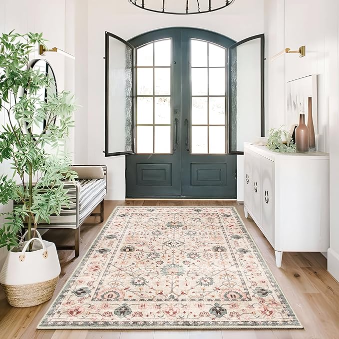 MUJOO Washable Rug 3'x5' Pink,Boho Small Area Rugs for Entryway Bedroom Living Room Kitchen,Non Slip Carpet Indoor,Vintage Soft Green and Blush Floral Rug
