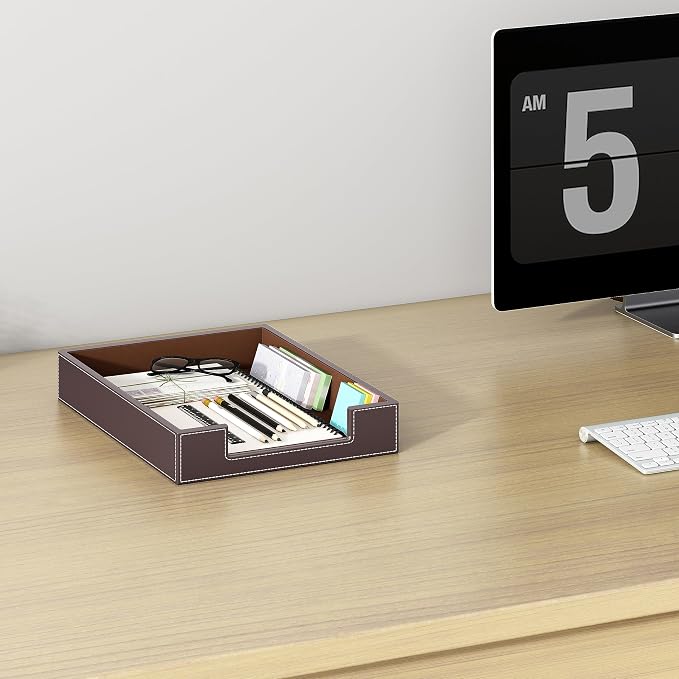 Leather Letter Tray, AUVAHOX Elegant Desk Organizer for Office Supplies, Mail, Paper, File, Magazine, Perfect Space Saver for Desk (Brown)