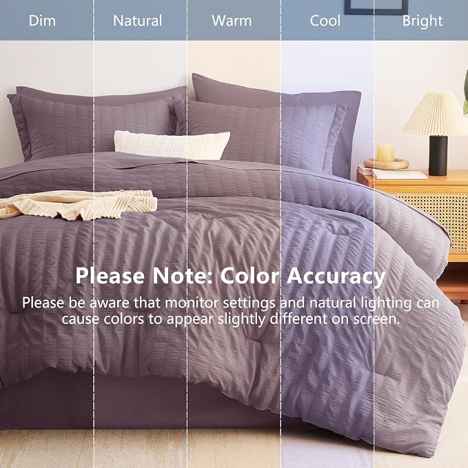 CozyLux Oversized Queen Comforter Set with Sheets, 7 Pieces 98"x98" Dusty Purple Seersucker Bed in a Bag, Grayish Purple Bedding Sets Gift with Down Alternative Comforter, Sheets, Pillowcases & Shams