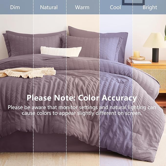 CozyLux Full Size Comforter Sets Dusty Purple, 7 Pieces Seersucker Textured Bed in a Bag Grayish Purple, All Season Bedding Set with Down Alternative Comforter, Sheets, Pillowcases & Shams, Home Gift