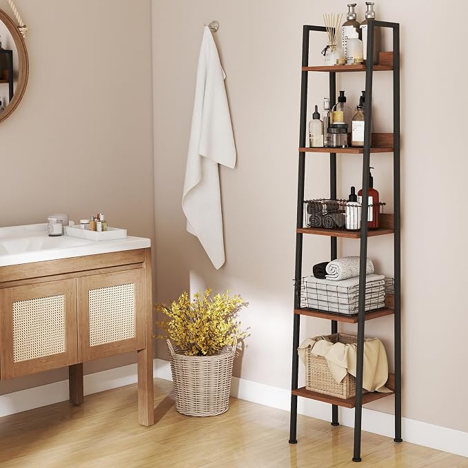 Ladder Shelf, 5 Tier Ladder Shelf, 13.5” Wide Tower Storage Shelf for Books, Anti Tip Feature, Steel Frame, Perfect for Bookshelf, Plants, Kitchen, Living Room, Office, Walnut