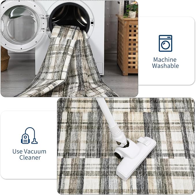 Washable Rugs 9 x 12 Rug for Living Room Farmhouse Rug for Bedroom Large Area Rug Plaid Non Slip Carpet Throw Rugs for Dining Room Stain Resistant Office Classroom, Blue/Beige