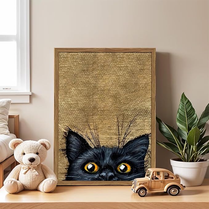 Cute Black Cat Wall Art Funny Cat Wall Decor Painting, Eclectic Animal Poster Canvas Print Picture for Living Room Bedroom 16x24 inch Wood Framed