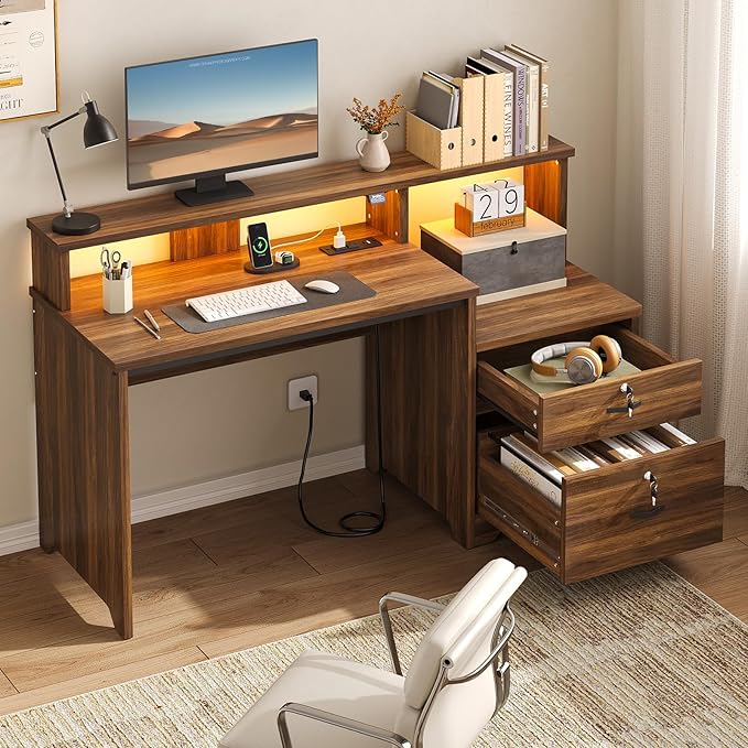 Bestier 55 Inch Wood Computer Desk with Lockable File Drawer, Charging Station & LED Lights - Home Office Desk with Storage Shelves, Printer Shelf & Monitor Stand, Wooden Desk for Study & Work, Walnut