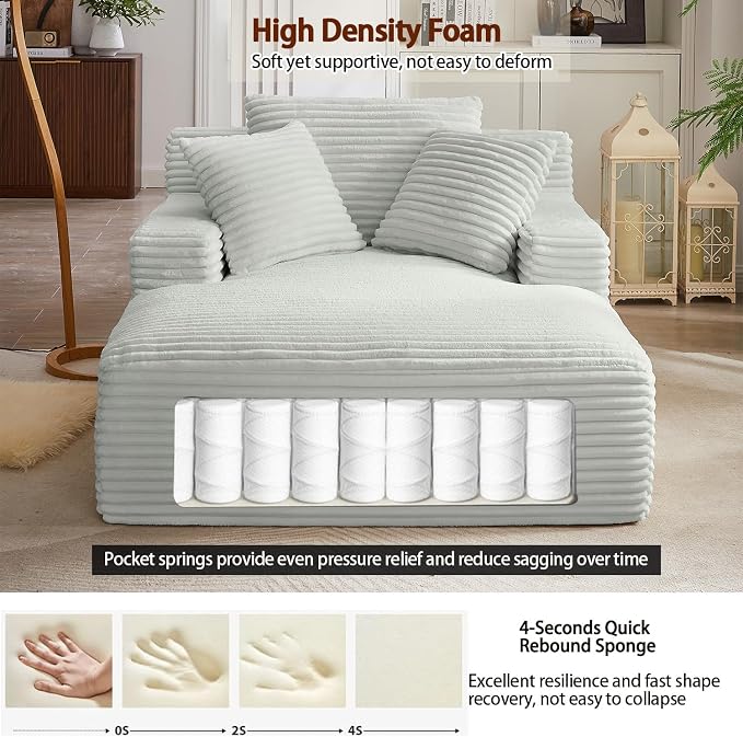 50" Indoor Oversized Chaise Lounge, Corduroy Upholstered Sleeper Chair with 3 Pillows & Armrests, Spring Cushion Lazy Sofa Bed for Living Room Apartment, Light Grey