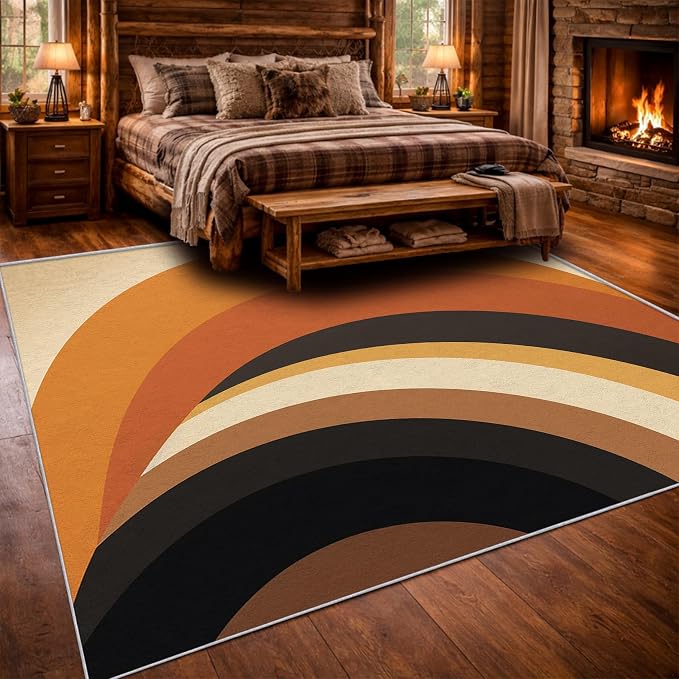 Mid Century Modern Area Rug 8x8, Washable Non-Slip Low Pile Retro Rainbow Rug for Living Room Bedroom Home Office, Abstract Boho Carpet in Terracotta Camel Cream and Black