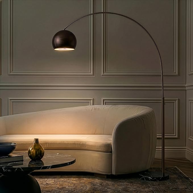 Brightech Olivia LED Floor Lamp - Tall Arc Lamp with Metal Dome Head and Marble Base for Living Room, Standing Reading Lamp with LED Bulb for Bedroom, Office - Oil Brushed Bronze