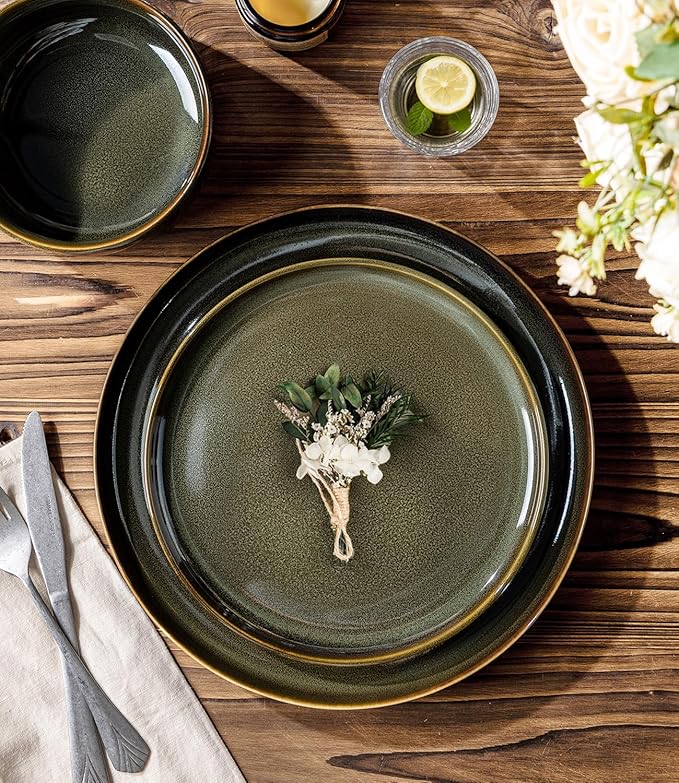 TheTerra Ceramic Dinnerware Sets for 6, 18 Pieces Handmade Reactive Glaze Plates and Bowls Set, Scratch Resistant Dish Set, Oven & Microwave & Dishwasher Safe, Olive Green