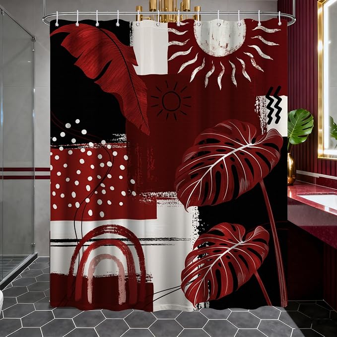 Black and Red Mid Century Modern Shower Curtain Bohemian Abstract Burgundy Shower Curtains for Bathroom Decor Sets, Waterproof Cloth Fabric with Hooks, 70x72 Inch