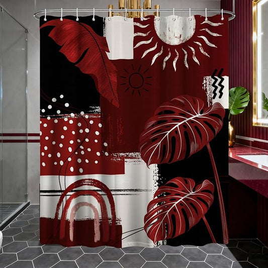 Black and Red Mid Century Modern Shower Curtain Bohemian Abstract Burgundy Shower Curtains for Bathroom Decor Sets, Waterproof Cloth Fabric with Hooks, 60x72 Inch