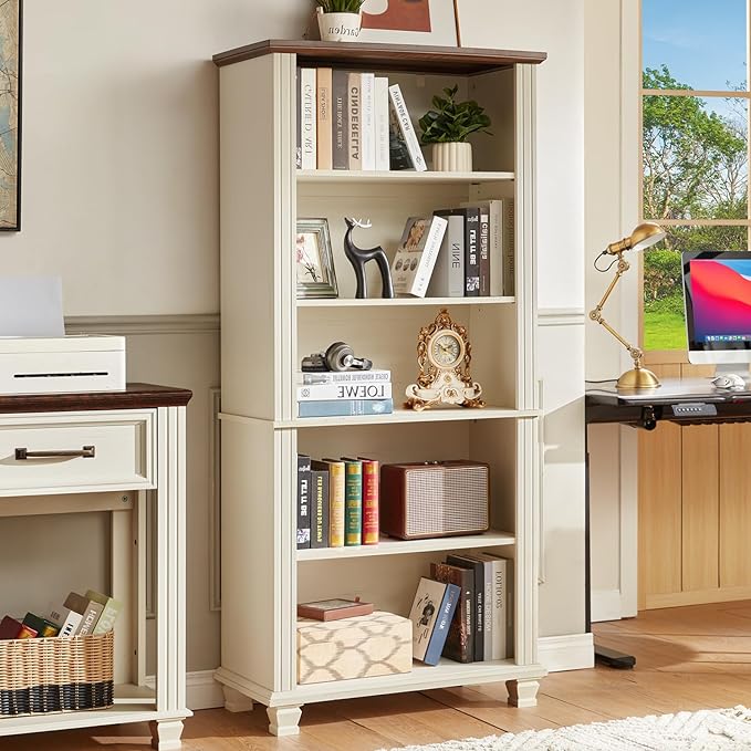 SAVOR LIFE 70" Tall White Bookshelf,5 Tier Wood Book Shelf with Adjustable Shelves & Wood Legs,Free Standing Farmhouse Bookcase with Open Display Storage,Vintage Kids Bookshelves for Nursery,Bedroom