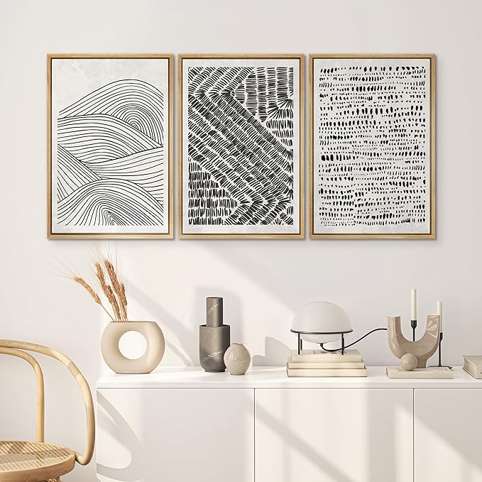 SIGNWIN Framed Canvas Print Wall Art Set Black Pastel Geometric Landscape Abstract Shapes Cozy Neutral Modern Art Boho Relax/Zen Nordic for Living Room, Bedroom, Office - 16"x24"x3 Natural
