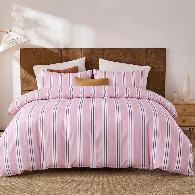 Merryword Striped Duvet Cover Set King Size - 100% Cotton Duvet Cover Set, Purple Ribbon Stripes Pattern Comforter Cover 3 Pieces, Soft Linen Like Bedding Set for All Seasons