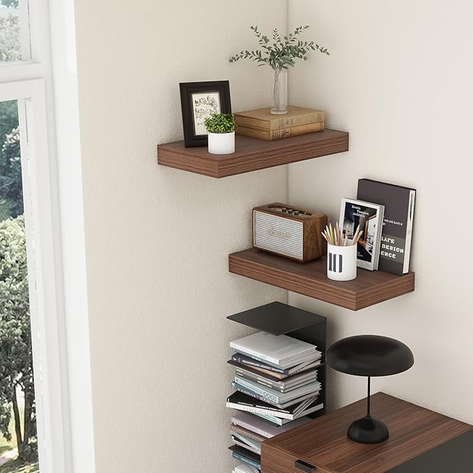 Deep Floating Shelves | 24 Inch Walnut Floating Shelves Set of 2 | 12 Inch Deep Rustic Wood Shelves for Wall | 24" W x 12" D Walnut Shelves for Living Room Bathroom Laundry Room Kitchen