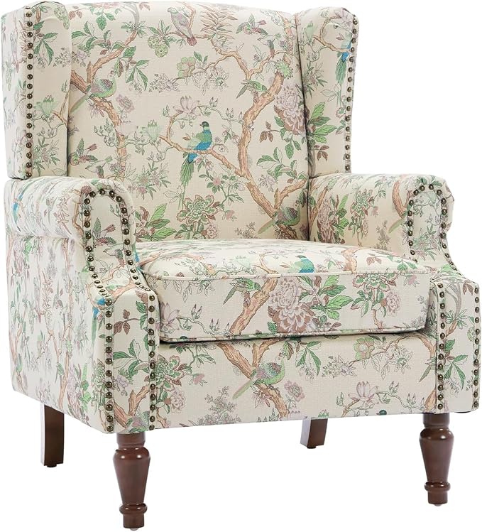 High Back Accent Chair, Fabric Upholstered Armchair for Living Room, Floral Wingback Chair with Retro Solid Wood Legs, Nailhead Trim Single Sofa Bedroom Reading Seat - Bird