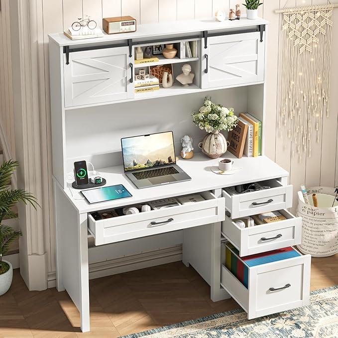 Farmhouse 67" H Executive Desk with Hutch,Office Table with LED light and 7 Drawers,Computer Desk with Charging Station,File Drawers and Storage Cabinet,Workstation for Home Office.Cream White