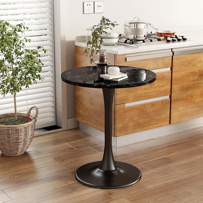 Black Marble Round Dining Table 24" Circle Tulip Table with Thickened Tabletop & Sturdy Metal Pedestal Mid Century Modern Leisure Bistro Kitchen Tables 2 People Small Places Living Room Cafe