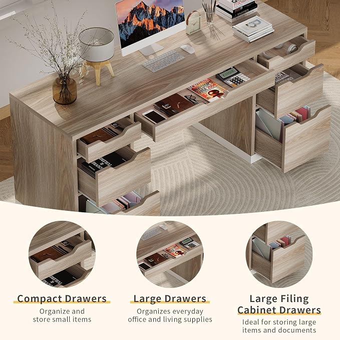 MaverickFurni Computer Desk with Storage Drawers, 54 Inch Executive Desk with 7 Drawers for Bedroom, Office Desk with File Drawers for Work Study Writing, Small Spaces, White and Walnut