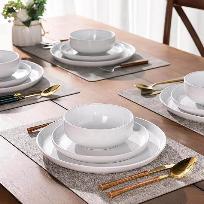 GBHOME 12-Piece Stoneware Dinnerware Set for 4 – Ribbed Ceramic Plates and Bowls, Scratch-Resistant, Microwave & Dishwasher Safe, Reactive Glaze