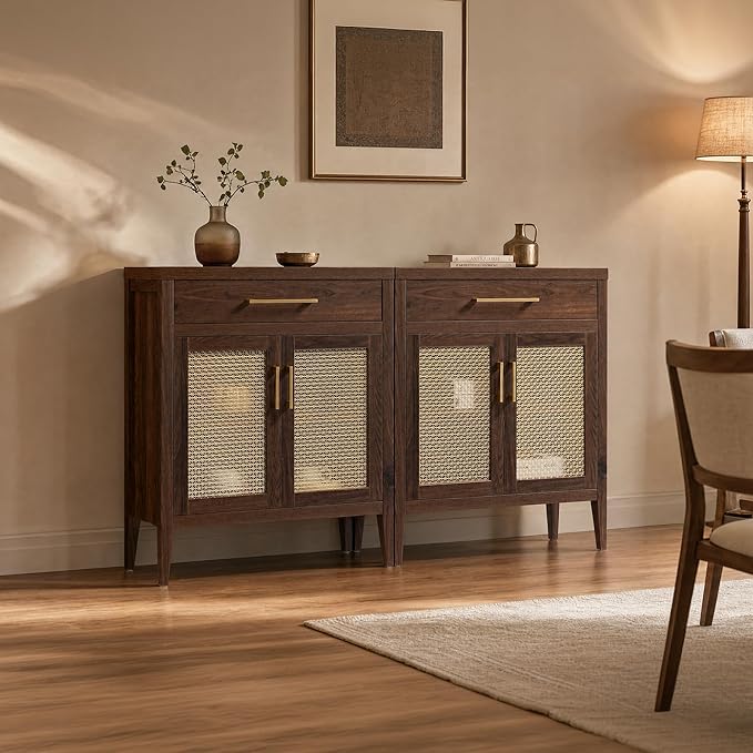 SICOTAS Buffet Cabinet - 90“ Sideboard Cabinet Modern Credenza with Drawers and Metal Mesh Doors, Accent Buffet Table Coffee Bar for Living Room Kitchen Entryway Hallway, Espresso Walnut