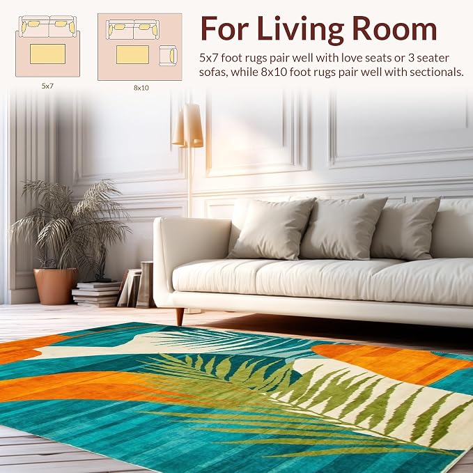 Flatwoven High Traffic Area Rug 4x6, Colorful Abstract Tropical Rug, Non Slip, Stain Resistant, Washable Area Rugs for Living Room, Bedroom (Turquoise, 4x6)