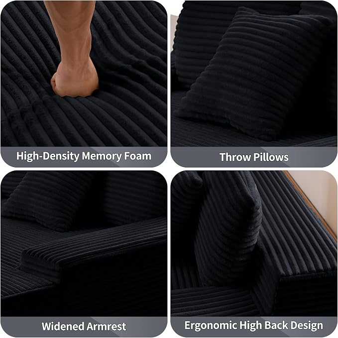 59" W Oversized Chaise Lounge Chair Indoor - 3060D Memory Foam (Springless Design), Corduroy Fabric, No Need Assembly, Boneless Chaise Lounge Sofa for Living Room, Bedroom,Black