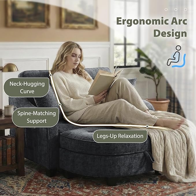 Round Chaise Lounge Chair with Storage Ottoman, Oversized Bubble Chair and a Half Featuring Adjustable Backrest, Plush Reading Accent Chair and Ottoman Set for Bedroom, Matte Black