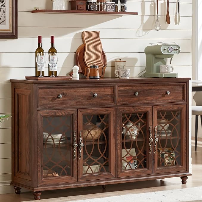 Farmhouse Sideboard Buffet Cabinet Set of 2 with Storage,59" Large Credenza with 4 Glass Door & 2 Drawers,Adjustable Shelves Console Table,Wood Kitchen Coffee Bar for Dining Room,Brown