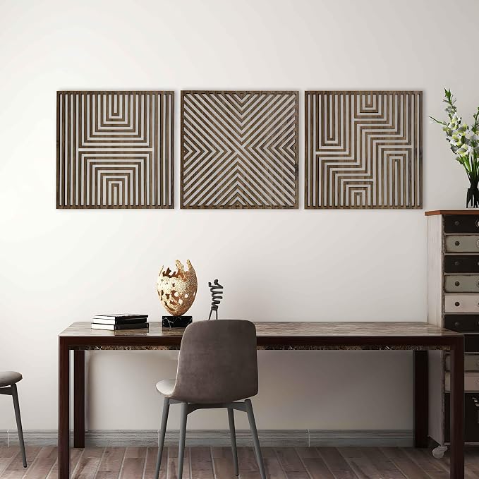 Modern Wood Wall Art Geometric, Large Wood Wall Art for Contemporary Interiors, Set of 3 Abstract Wooden Wall Art, Wood Wall Panel Home Gift