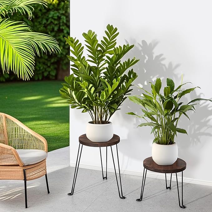 Yangbaga Wooden Plant Stands Indoor: 2Pack 11.81IN Round Plant Stands with Metal Legs,Mid Century Plant Holder for Home Decor,Multi-purpose Plant Table for Living Room/Patio/Garden/Balcony/Office