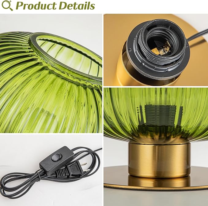 Glass Globe Table Lamp, Mid Century Modern Green Table Lamp, Vintage Gold Bedside Lamp with Ribbed Glass Shade, Cute Desk Lamp Small Decorative Lamp for Bedroom Nightstand Living Room End Table