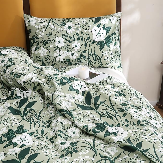 Green Floral Duvet Cover King 100% Cotton Decorative Emerald Duvet Cover 3 Pcs Set Dark Green Botanical Duvet Cover with Zipper Ties 2 Pillowcases Tropical Floral Bedding