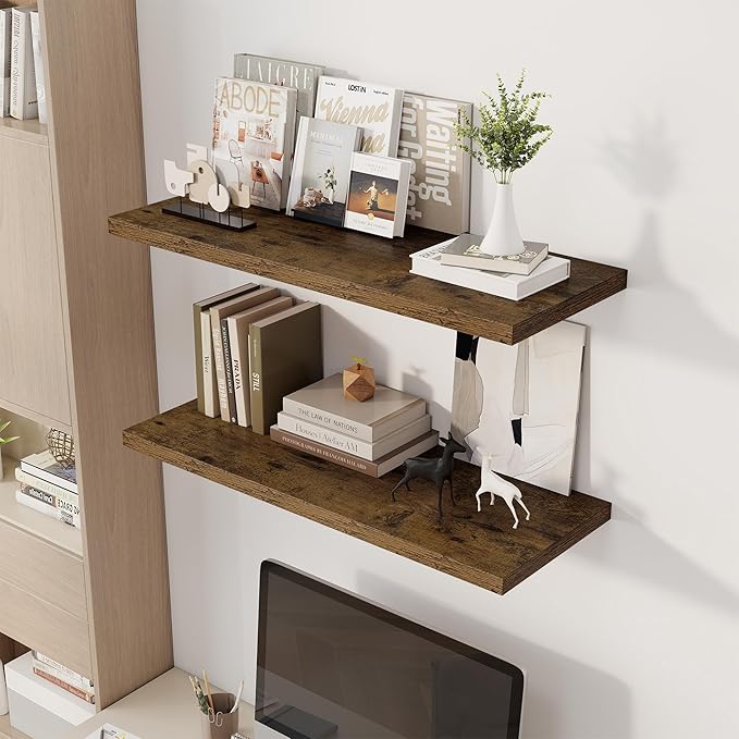 Dreamland 36" Floating Shelves for Wall, 12" Deep Slim Rustic Brown Floating Shelves, Wall-Mounted Shelves for Bedroom, Living Room, Kitchen, Bathroom - Set of 2